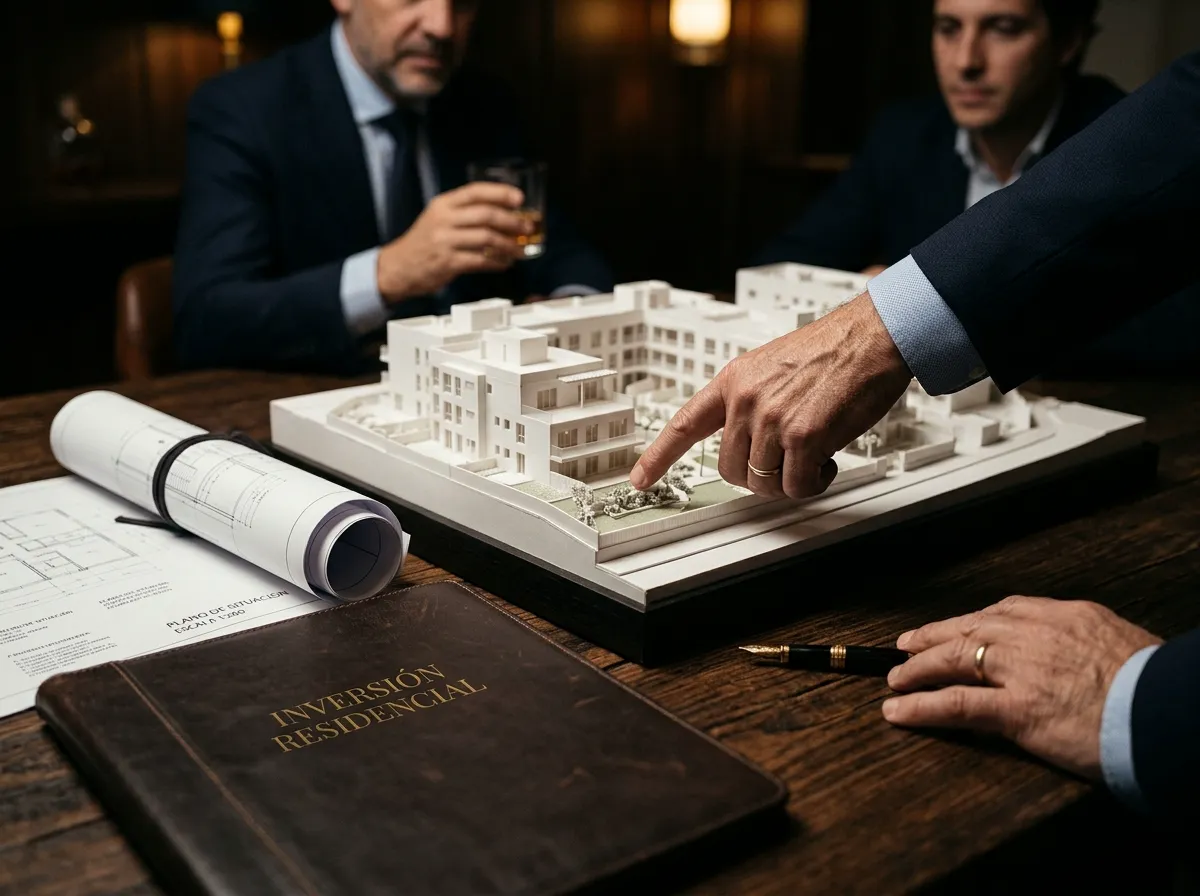 Maqueta y planos de un proyecto residencial
